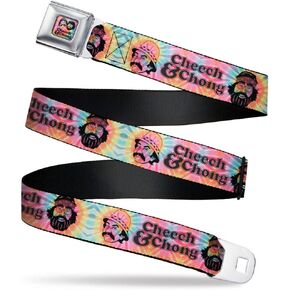 Cheech & Chong Belt, Seatbelt Buckle Belt, Cheech and Chong Caricature Faces Tie Dye Multi Color Black, Adjustable