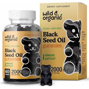 Wild & Organic Black Seed Oil Gummies 2000mg - Hair Skin and Nails Gummies w/Black Cumin Seed Oil - Nigella Sativa Black Seed Oil for Hair - Black Seed Gummies for Immunity - 60 Omega 3 6 9 Gummies