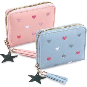 2Pcs Womens Wallet with Zipper PU Leather Women's Wallet with Card Slots Small Credit Card Holder Heart-Embroidery Star Tassels Cute Pocket Clutch with Star Tassels Pendant (Blue+Pink)