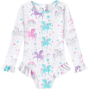 Girls One Piece Swimsuits Long Sleeve Ruffle Zipper Bathing Suit Cute Kids UPF 50+ Rashguard Swimwear 1-6 Years