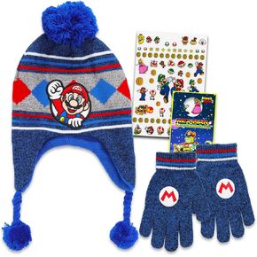مجموعة Super Mario Beanie و Gloves - حزمة مع قبعة ماريو متماسكة ، قفازات ، ملصقات للأطفال الصغار | هدايا سوبر ماريو بروس للأطفال والفتيان والبنات