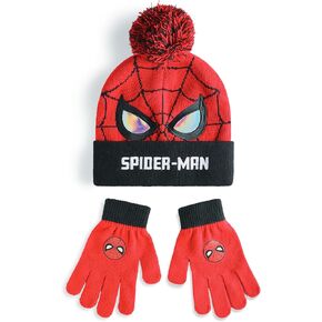 Marvel Spiderman Boys Beanie Hat & Gloves Set | Red & Black Knitted Winter Hat with Spiderman Eyes & Web | Kids One Size Pom Pom Hat with Heat Transfer Print Gloves | Superhero Movie Merchandise Gift
