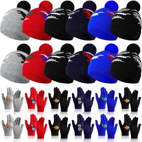 JenPen 12 Sets Kids Winter Beanies and Gloves Children Dinosaur Warm Winter Hats Stretchy Knitted Gloves for Boys Girls