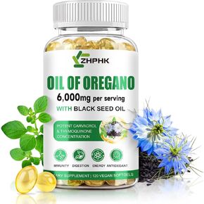 زيت من الأوريغانو مع زيت البذور الأسود ، والزيت العضوي من أوريجانو 6000 ملغ مكملة Softgels Softgels مستخلص الزيت Oregano المناعة والهضم ، ومضادات الأكسدة ، غير المعدلة وراثيا ، خالية من الغلوتين ، 120 عدد