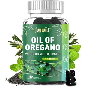 Oregano Oil Gummies | Oil of Oregano with Black Seed Oil, Vitamin D3 | Organic Oregano Supplements | High Concentrated Carvacrol & Thymoquinone | Vegan, Non GMO | Antioxidant & Immune Support | 60 Cts