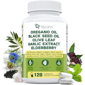 Oil of Oregano with Black Seed Oil Capsules - Oregano Oil Enhanced with Elderberry, Olive Leaf, Zinc, Vitamin C & D3, Quercetin, Garlic – Immune, Respiratory & Gut Support - 120 Capsules