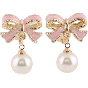 مقطع شكل القوس الوردي على الأقراط دون ثقب للنساء أقراط لؤلؤة (Pink Bowknot Clip-Ons)