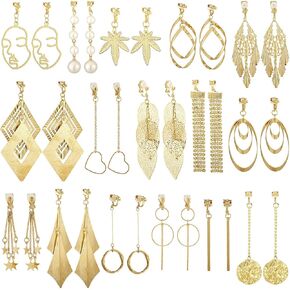 16 Pairs Drop Dangle Earrings Set Bohemian Tassel Pendant Clip Earrings Gold Plated Non-Piercing for Women (Chic Style)