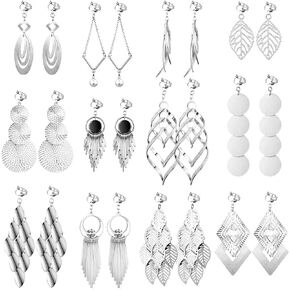 Hicarer 12 Pairs Clip on Earrings Dangle Drop Dangle Earrings Set Bohemian Tassel Pendant Plated Ear Non Piercing for Women Jewelry Gifts Wedding Party