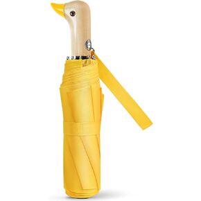 Cute Duck Umbrella Automatic - Compact Pretty Pocket Size Strong Duck Collapsible Umbrella Yellow Wooden Handle for Women
