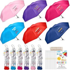 6 Pcs Teacher Appreciation Gifts with 6 Pcs Thank You Card Windproof Bulk Umbrellas for Thank You Gifts Folding Umbrella End of Year Teacher Gifts for Women Men Retirement Birthday Daycare