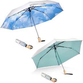 G4Free UPF 50+ UV Protection Travel Umbrella with Wooden Handle, 42 Inch Lightweight Sun Rain Folding Umbrellas Auto Open Close