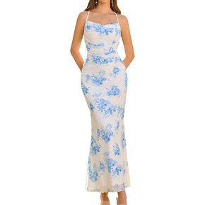 Women's Summer Floral Spaghetti Strap Maxi Dress Sleeveless Ruched Mesh Bodycon Long Wedding Guest Dresses