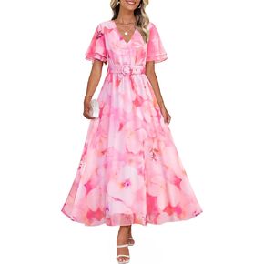 ZESICA Women's 2025 Summer Floral V Neck Midi Dress Boho Short Sleeve High Waist Flowy Beach Vacation Dresses with Belt