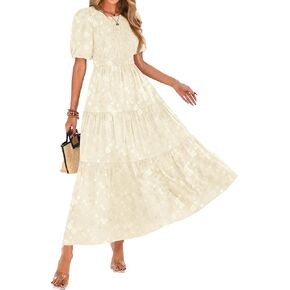 KIRUNDO Womens Summer Dresses Wedding Guest Floral Midi Sundress Short Puff Sleeve Flowy A Line Smocked Tiered Boho Dress