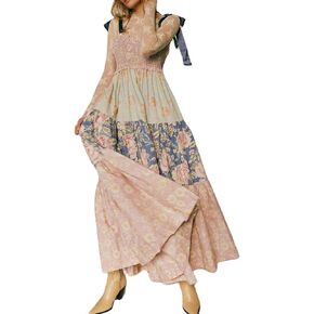 النساء الأزهار بوهو Sundress التعادل الكتف متقطعة المرقاء تدفق الفساتين ماكسي مع جيوب الصيف خريف