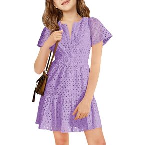 Haloumoning Girls Summer Dresses Kids V Neck A Line Hollow Out Party Mini Dress for 5-14 Years