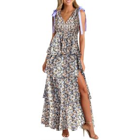 Wenrine Womens Summer Floral Maxi Dress Tie Strap Sleeveless V Neck High Slit Boho Ruffle Tiered Beach Dresses