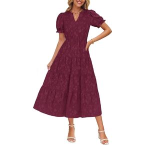 ZESICA Womens 2025 Summer Puff Short Sleeve Midi Dress Floral V Neck Textured Ruffle Flowy Beach Party Dresses