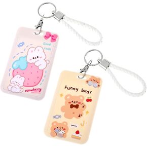 2pcs kpop photocard حامل مع سلسلة المفاتيح ، كرتون دب بير بطاقة معرف بطاقة شارة y2k pc kpop المعبود بنك قلادة طالب حافلة الأكمام الواقية