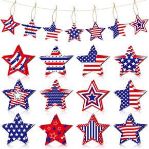 Red White Blue Star Patriotic Decorations 24 Pcs 4th of July Hanging Ornaments Independence Day Decorations with Ropes Fourth of July Ornaments for American Holiday Party Tree Supplies