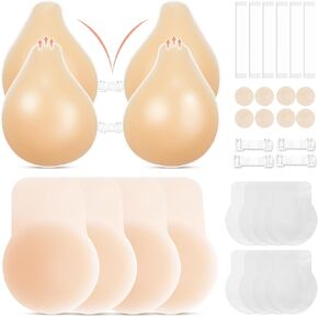 Bundle - 4 Pairs: Sticky Bra Push Up with Front Buckles 2 Pairs, Nipple Covers for Women 2 Pairs - Creme, Fit A-C Cups