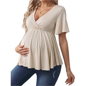 Women's Maternity T Shirt Wrap V Neck Ruffle Hem Peplum Tops Casual Short Sleeve Tees