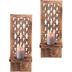 Handcrafted Wooden Wall Candle Sconces - Set of 2, 16 Inch Pillar Holders, Rustic Decorative Perfect for Christmas, New Year - Natural Burnt