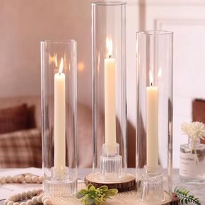 3 Set Hurricane Glass Candle Holders for Taper Candles, Candlestick Holders with Windproof Glass Tubes(11.8"/12.6"/13.8" H), Taper Candle Holders for Table Centerpieces, Wedding, Party Decor