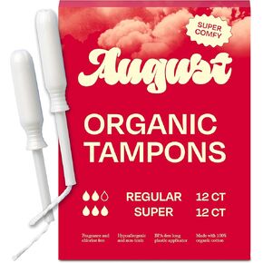 August Super + Regular Tampons - 24-Pack (12 + 12) 100% Organic Cotton Tampons for Women and Anyone Who Menstruates, Non-Toxic, Fragrance-Free, and Hypoallergenic with Long Applicators