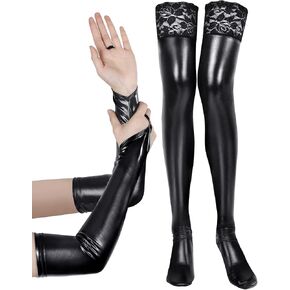 Bencailor Women's Wet Look Costume Set Include Fingerless Long Gloves Thigh High Stockings with Lace for Cosplay