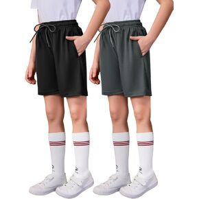 Flygo 2 Pack Boys Athletic Shorts Mesh Kids مرنة الخصر القابل للتنفس كرة السلة الصالة الرياضية مع جيوب