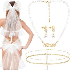 Tondiamo 6 Pcs Bride Swimsuit Outfit Bachelorette Party Decorations, Bikini Bow White Tulle Bathing Suit, Diamond Waist Chain, Clavicle Chain Wedding Veil Hairpin, Pearl Earrings, Summer Bride Gift