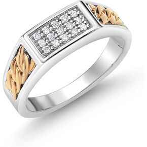 Gem Stone King Men 925 Sterling Silver و 10K Gold Gold White Lab خاتم الماس للرجال | 0.12 CTTW | عرض 6.5mm | متاح بحجم 7،8،9،10،11،12،13
