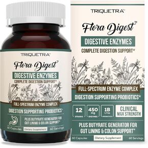 Flora Digest - 3-in-1 Max Strength Digestive Enzymes + Gut Surviving Probiotics & ButyraGen® Postbiotic for Optimal Digestion, Bloating Relief, Regularity, Gut Lining & Colon Support - (60 Capsules)