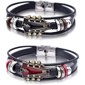 2 Set Retro Faux Leather Guitar Bracelet, Zinc Alloy Rock Music Guitar Genuine Leather Bracelet, Punk Guitar Bracelet for Men, Guitar Handmade Braided Multi-Layer Wrap Bracelet