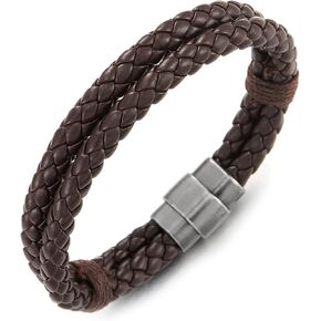 COOLSTEELANDBEYOND Braided Leather Bangle Bracelet for Men Women Genuine Leather Wristband with Magnetic Clasp