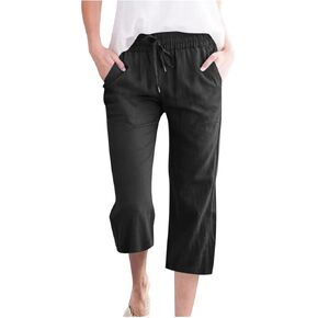 Women's Linen Pants Casual Summer Capris Loose Fit Lightweight Drawstring Waisted Cropped Pants with Pockets