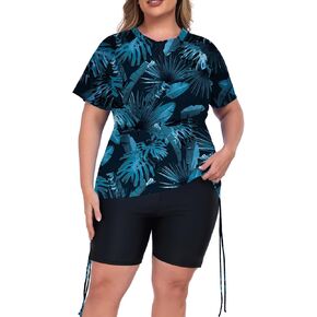 Inno Women's 2 PCS Plus Size Rash Guard with bra zip swim top upf 50+ ruched swimsuit