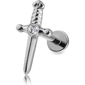 FINE4U 1PC ASTM F136 Titanium Sword Piercing Jewelry for Conch, Tragus, Helix 16G 8mm, Implant Grade Hypoallergenic Flatback Stud