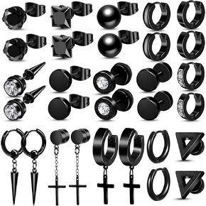ONESING 15 Pairs Black Earrings for Men, Stainless Steel Mens Earrings set with Studs Hoop Earring Cross Dangle Earrings Hypoallergenic Ear Piercing Jewelry for Men Women