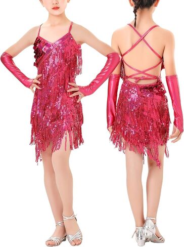 Happy Cherry Sequins Tassel Latin Dance Dress for Girls 1920s Flapper Cocktail Party Dresses Rumba Ballroom Costumes in Saudi Arabia