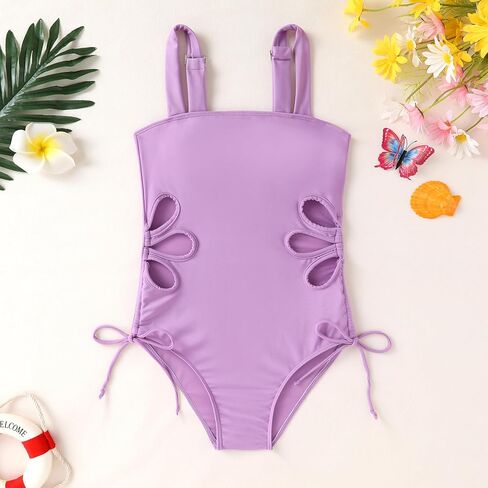 Girls Swimsuit One Piece Bathing Suit Adjustable Straps Solid Color Cut Out Butterfly Girls' Swimwear for 7-14Y in Kuwait