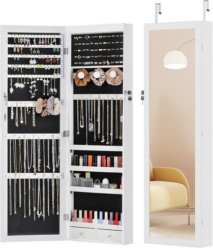 6 LEDs Jewelry Cabinet Organizer, 47.2-inch Jewelry Armoire with Full-Length Mirror, Wall or Door Mounted Jewelry Storage, Lockable Large Capacity Storage, White in Saudi Arabia