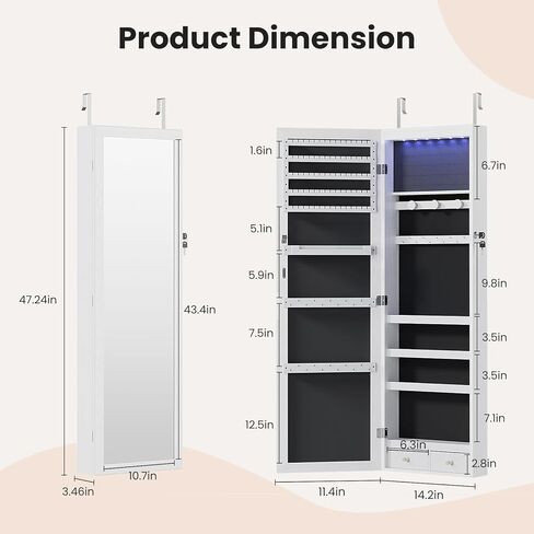 6 LEDs Jewelry Cabinet Organizer, 47.2-inch Jewelry Armoire with Full-Length Mirror, Wall or Door Mounted Jewelry Storage, Lockable Large Capacity Storage, White in Saudi Arabia