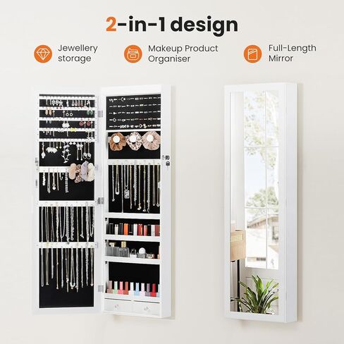 6 LEDs Jewelry Cabinet Organizer, 47.2-inch Jewelry Armoire with Full-Length Mirror, Wall or Door Mounted Jewelry Storage, Lockable Large Capacity Storage, White in Saudi Arabia