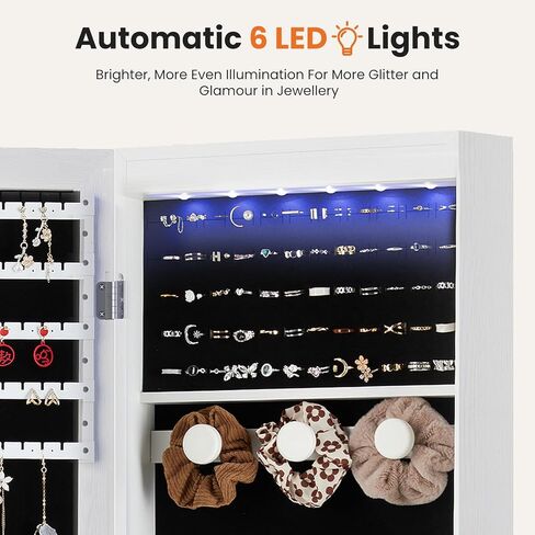6 LEDs Jewelry Cabinet Organizer, 47.2-inch Jewelry Armoire with Full-Length Mirror, Wall or Door Mounted Jewelry Storage, Lockable Large Capacity Storage, White in Saudi Arabia