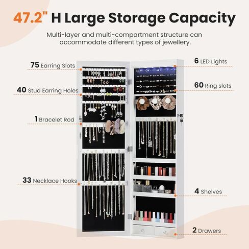 6 LEDs Jewelry Cabinet Organizer, 47.2-inch Jewelry Armoire with Full-Length Mirror, Wall or Door Mounted Jewelry Storage, Lockable Large Capacity Storage, White in Saudi Arabia
