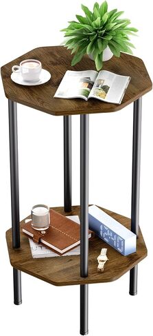 Side Table, Octagonal End Table for Small Spaces,Nightstand with 2 Storage Shelves,Small Table Stand for Bedroom, Living Room, Outdoor Balcony(Brown) in Saudi Arabia