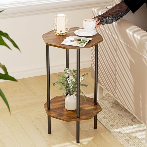Side Table, Octagonal End Table for Small Spaces,Nightstand with 2 Storage Shelves,Small Table Stand for Bedroom, Living Room, Outdoor Balcony(Brown) in Saudi Arabia